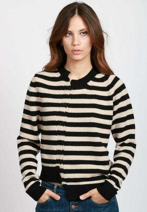 Cardigan a righe nere e crema con collo rotondo, chiusura con bottoni e polsini e orlo a coste. Materiale in maglia morbida con una vestibilità classica.