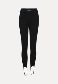 Fekete leggings, puha anyagból készült, széles derékpánttal, amelyen a "LAMANIA" logó található. Az alsó szegélyen kivágott részletek találhatóak.