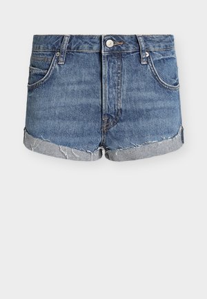 Blauwe denim shorts met opgerolde, rafelige zomen, knoopsluiting aan de voorkant, ritssluiting en ontwerp met vijf zakken.