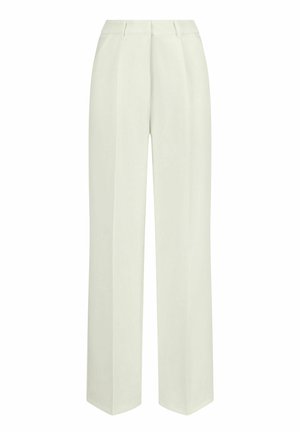 Pantalon large dans une couleur crème clair, avec un tissu lisse, des plis sur le devant et une taille haute ajustée.