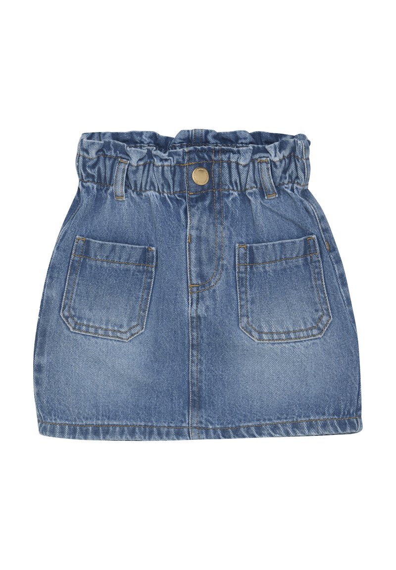 Jeanskjol med en elastisk volangmidja, ljusblå färg, två bakfickor och synlig sömnad. Måtten återspeglar en kort design.