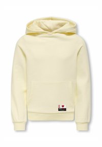 Sweat à capuche jaune avec poche kangourou à l'avant, poignets côtelés et une étiquette portant un cœur et du texte. Texture en tissu de coton doux.