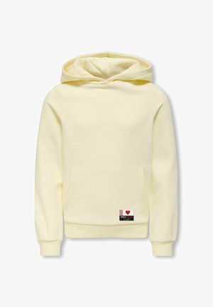 Sweat à capuche jaune avec poche kangourou à l'avant, poignets côtelés et une étiquette portant un cœur et du texte. Texture en tissu de coton doux.