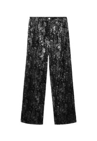 Pantalones amplios negros hechos de tela con lentejuelas, con un patrón de piel de serpiente. Textura suave con un cierre de botón en la cintura.