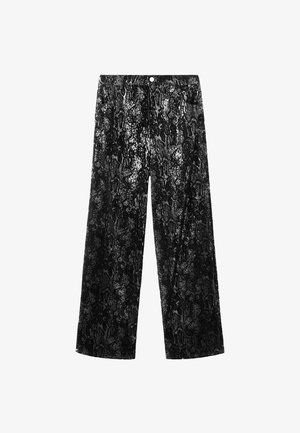 Pantaloni neri a gamba larga realizzati in tessuto con paillettes, caratterizzati da un motivo in pelle di serpente. Morbida trama con chiusura a bottone in vita.