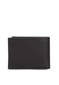 Zwart leren portemonnee met een gladde textuur, bi-fold ontwerp en zichtbare stiksel details, voorzien van vakken voor kaarten en contant geld.