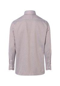 Langärmeliges, knöpfbares Hemd mit schmalen vertikalen braunen und weißen Streifen, von hinten gezeigt.