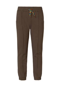 Bruine sweatpants van zachte stof met een verstelbare tailleband. Voorzien van zijnaden en elastische boorden. Kleurrijke accenten op de trekband.
