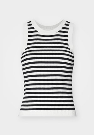 Ribbed knit sleeveless top featuring black and white horizontal stripes, round neckline, and a fitted silhouette.
