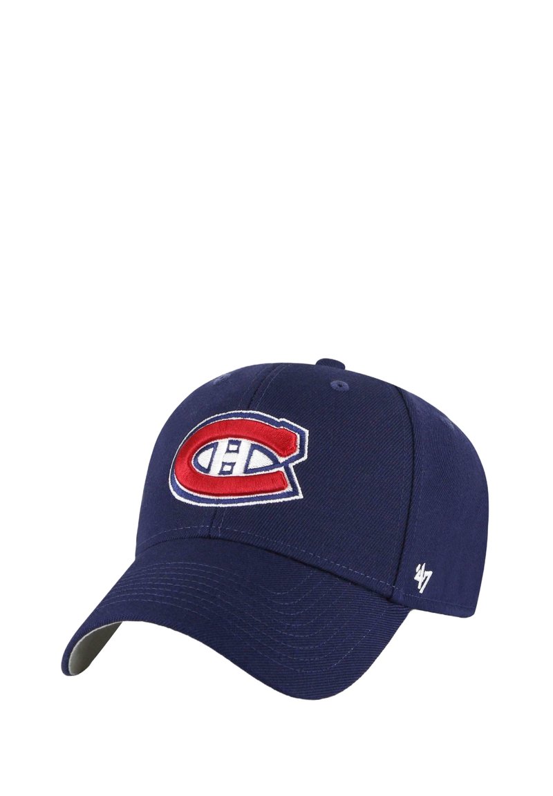 Marineblauer Baseballcap mit verstellbarem Riemen, ausgestattet mit gesticktem rotem und weißem Logo auf der Vorderseite und dezentem grauen Unterrand. Weicher Stoff. 
