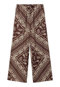 Wide-leg trousers in brown fabric, featuring a cream paisley pattern with diagonal stripes and an elastic waistband for comfort.