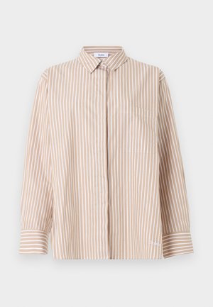 Cămașă cu dungi verticale bej și alb, cu nasturi, mâneci lungi, buzunar frontal la piept și guler clasic.