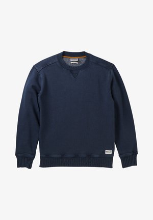 Marineblauer Pullover aus weichem Stoff, ausgestattet mit einem Rundhalsausschnitt, gerippten Bündchen und Saum sowie einem kleinen Markenlogo-Etikett unten links.