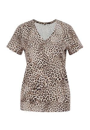 Leopardimustriga lühikeste varrukatega V-kaelusega T-särk, millel on lõdvestatud lõige, valmistatud pehmest kangast. Omab tekstureeritud mustrit beeži ja pruuni tooni.