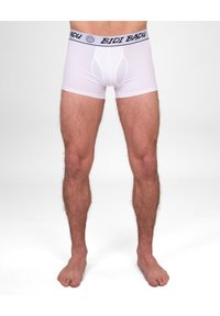 Boxer briefs bianchi realizzati in tessuto morbido, con una vita dotata di logo nero e un design del supporto anteriore. Sono visibili aperture per le gambe senza cuciture.