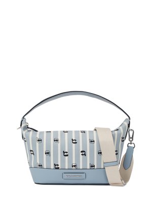 Light blue handbag with a striped pattern featuring small black graphic accents, a flat base, and a detachable beige shoulder strap.