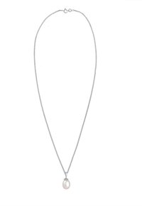 Silberne Schlangenkette mit einem einzelnen ovalen Perlenanhänger. Die Kette verfügt über einen Federringverschluss. Minimalistisches Design.