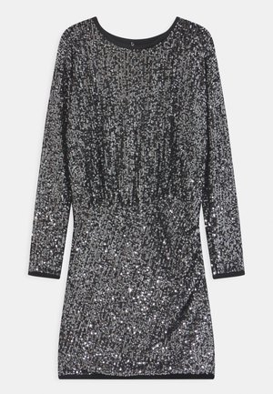 Robe mini noire à manches longues entièrement couverte de sequins argentés, avec un col rond et une taille cintrée.