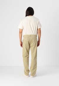 Béžové bavlněné kalhoty s rovnými nohavicemi, dvěma zadními kapsami a mírným leskem, v kombinaci s lehkým krémovým tričkem, pohled zezadu.