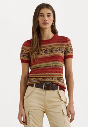 Lauren Ralph Lauren GEO STRIPED SHORT SLEEVE SWEATER - Print T-shirt - red/multi-colored