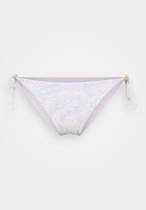 Bikini bottom with paisley pattern in pastel colors, ties at sides, and a solid lavender band. Soft, stretchy fabric, maintaining a triangular shape.