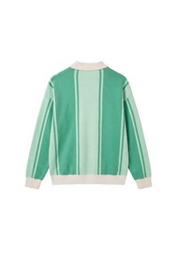 Pull en tricot à manches longues avec rayures verticales vertes et col, poignets et ourlet blancs, présenté de dos sur fond blanc.