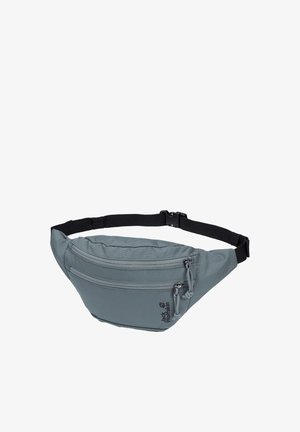 Sac banane en tissu gris avec deux compartiments zippés et sangle noire réglable, marqué du logo Jack Wolfskin.