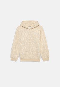 Beige hoodie with an all-over white "GUESS" logo pattern. Features a drawstring hood and ribbed cuffs and hem. Soft, textured fabric.