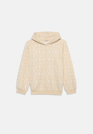 Μπεζ φούτερ με μοτίβο λογότυπου "GUESS" σε λευκό χρώμα. Διαθέτει κουκούλα με κορδόνι και ραμμένες μανσέτες και στρίφωμα. Απαλή, υφασμένη ύφανση.