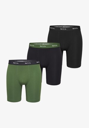 Three pairs of men's boxer briefs: one olive green, two black. Features soft material and elastic waistband with logo detail.