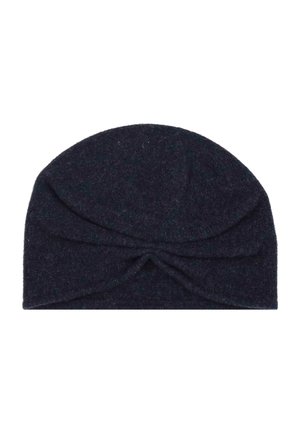 Berretto turbante di colore blu scuro in maglia con dettaglio a nodo attorcigliato nella parte anteriore, realizzato in morbido tessuto di lana.