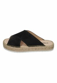 Black suede slide sandal with crisscross design, jute-wrapped midsole, and textured rubber sole for added grip.