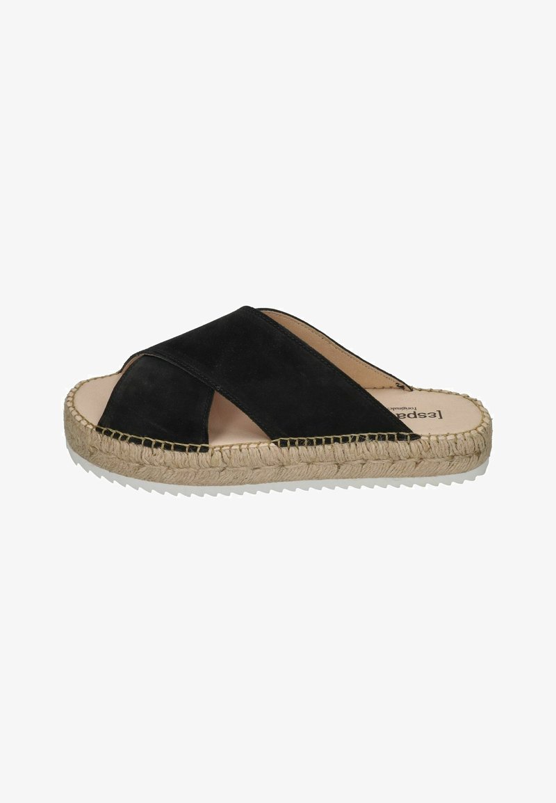 Black suede slide sandal with crisscross design, jute-wrapped midsole, and textured rubber sole for added grip.