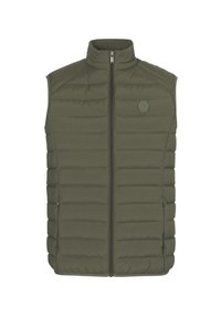Olijfgroen mouwloos vest met horizontaal doorgestikt patroon, hoge kraag, rits aan de voorkant en een logo patch op de linker borst.