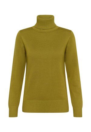 Suéter de cuello alto verde oliva, con textura acanalada, mangas largas, cuerpo ajustado y puños y dobladillo de gran amplitud.