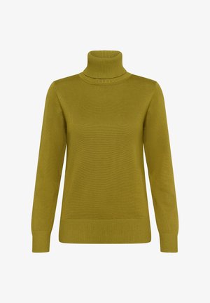 Olivgrüner Rollkragenpullover, gerippte Textur, lange Ärmel, körperbetonter Schnitt und breite gerippte Bündchen sowie Saum.