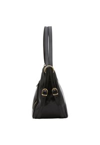 Sac à main en cuir noir avec une forme structurée, deux poignées et des accents en métal doré. Il possède une poche zippée sur le côté et une texture lisse.