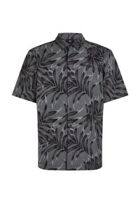 Short-sleeve button-up shirt in dark gray with a leafy black and gray pattern. Fabric appears textured with a collar and front buttons.