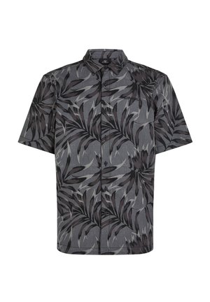 Short-sleeve button-up shirt in dark gray with a leafy black and gray pattern. Fabric appears textured with a collar and front buttons.