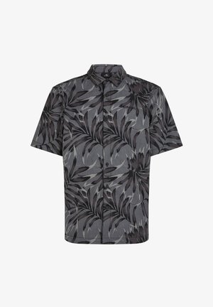 Korte mouwen overhemd met knopen in donkergrijs met een bladachtig zwart en grijs patroon. De stof lijkt textuur te hebben met een kraag en knopen aan de voorkant.