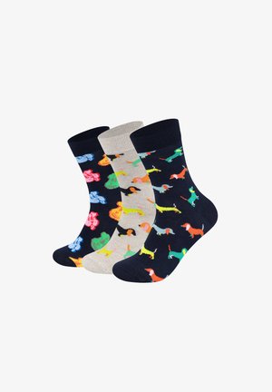 Set of three socks featuring a navy background with colorful dachshunds, a gray background with multicolored dogs, and a dark pattern with flowers.