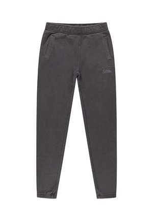 Grijze joggingbroek met een elastische tailleband, twee zijzakken en een logo in een contrasterende kleur op het linkerbeen.