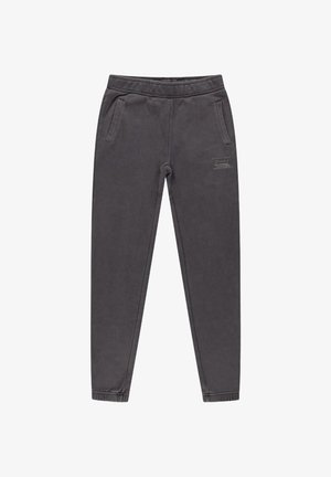 Grijze joggingbroek met een elastische tailleband, twee zijzakken en een logo in een contrasterende kleur op het linkerbeen.