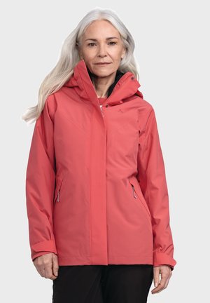 Waterproof coral jacket with a hood, zippered pockets, and a smooth texture. Features a sleek design and fitted silhouette.