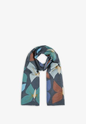 Knitted scarf featuring a dark blue base with large, decorative butterfly patterns in shades of teal, light blue, bronze, and brown.
