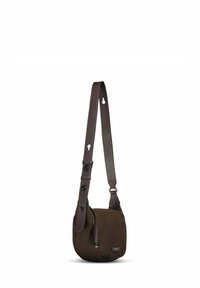 Borsa a tracolla marrone in tessuto con una tracolla strutturata, caratterizzata da una forma arrotondata, chiusura a zip e dettagli a bottone sulla tracolla.
