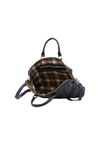 Borsa a mano in pelle blu navy con due manici superiori, chiusura a zip e fodera interna a quadri marrone che presenta una tasca con zip.