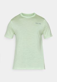 T-shirt de manga curta verde-claro em tecido texturizado. Apresenta um decote redondo e o logo ODLO x POW em azul na frente.