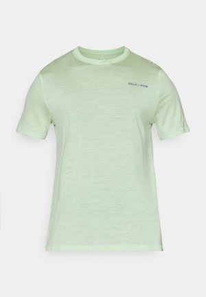 Light green short-sleeve t-shirt in a textured fabric. Features a round neck and ODLO x POW logo in blue on the front.
