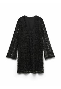 Černé krajkové šaty s dlouhými rukávy, výstřihem do V a květinovým vzorem. Průsvitná textura s vrstvenou látkou, která vytváří splývavou siluetu.